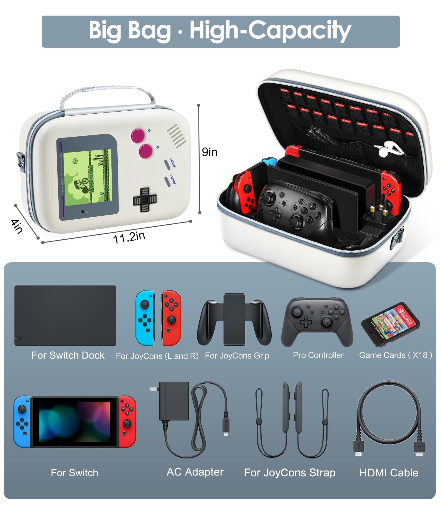ivoler Funda de almacenamiento para Nintendo Switch/para Switch OLED modelo (2021), bolsa de mensajero rígida protectora portátil de viaje, forro suave, 18 juegos para consola Switch Pro Controller