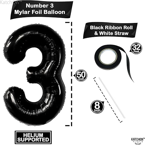 Miniatura 4 de KatchOn, Globo negro con el número 3 de 50 pulgadas, decoración de cumpleaños de 3 años para niños, globo grande del número 3 para globos de fiesta