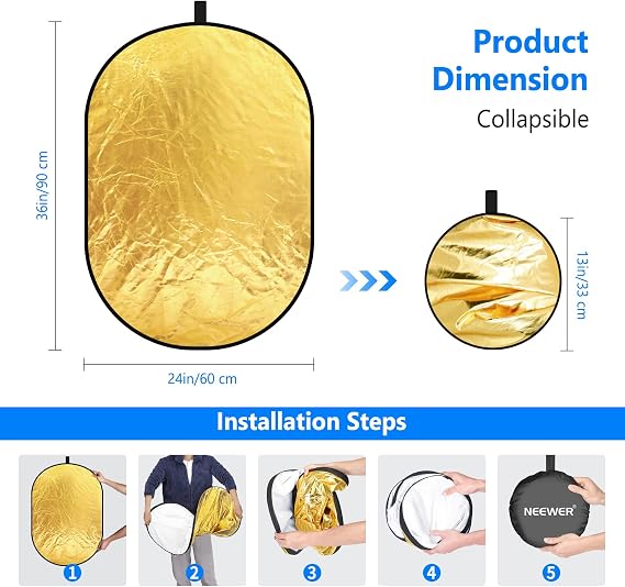 NEEWER 24x36/60x90cm Light Reflectors for Photography, Portable 5 in 1 Collapsible Multi Disc with Bag - Translucent, Silver, Gold, Black, White Diffuser for Studio and Outdoor Lighting
