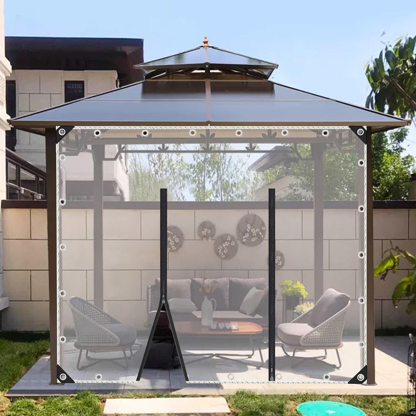 Transparent Tarp Curtains with Zip Door,0.3mm Clear Curtains,Heavy Duty PVC Side Panels,Tarpaulin for Sun and rain Protection,for Garden Furniture Plant greenhouses,Clear-5×2m(16.4 * 6.6ft)