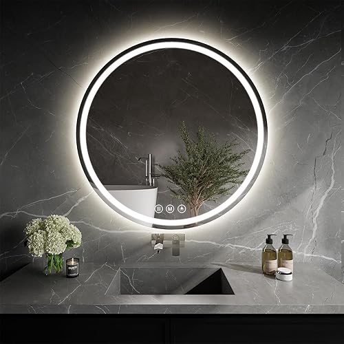 Miniatura 9 de Espejo de baño LED de 40 pulgadas redondo con luces, espejo LED circular, espejo iluminado para montar en la pared con 3 colores de brillo, 3