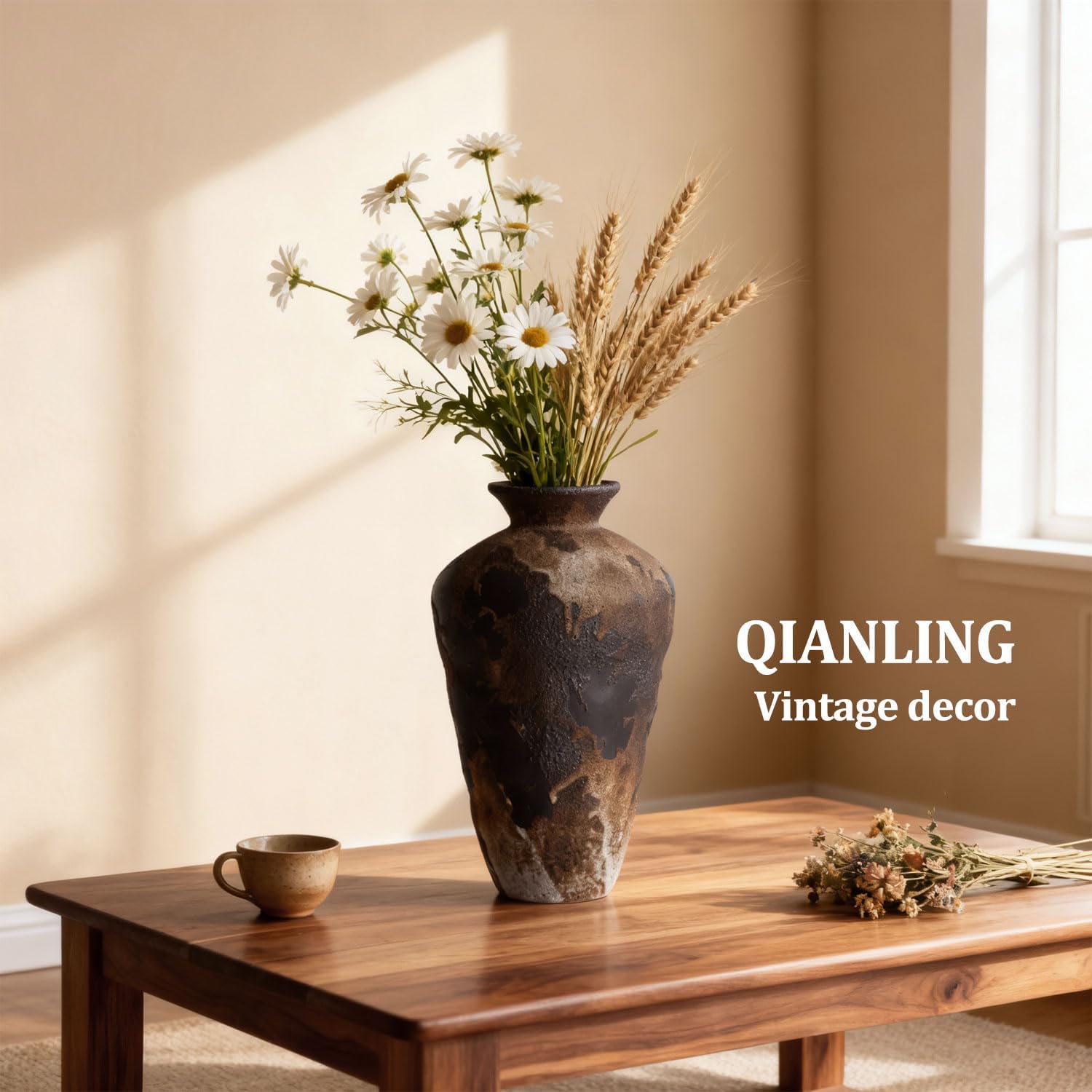 Wabi Sabi Decor Rusty Vintage Vase - 8.7" Tall Rustic Farmhouse Wabi Sabi Vase for Centerpiece, Pottery Stone Flower Vases for Home Decor, Table, Living Room, Bedroom, Bathroom, Kitchen (Smoky Earth) - Image 6