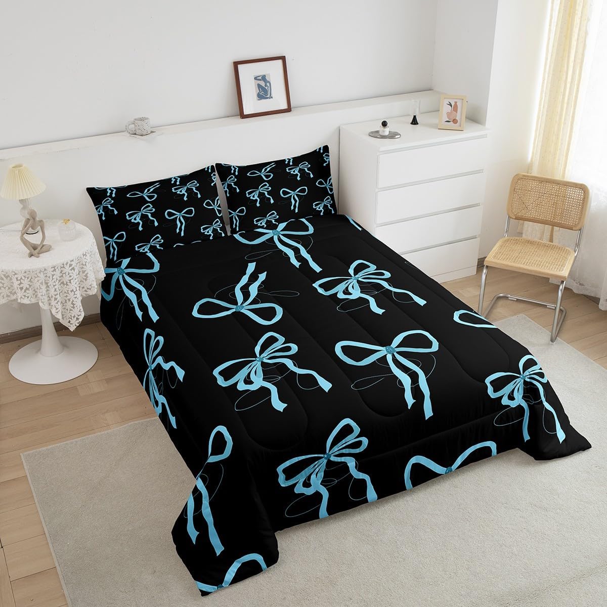 Feelyou Cute Bow Comforter Set Bowknot Print Bedding Set for Kids Boys Girls Princess Style Comforter Black Blue Quilt Set Bedroom Collection 3Pcs Full Size
