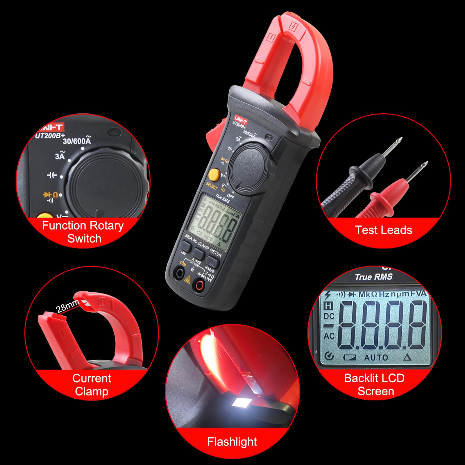 UNI-T UT200B+ Pinza Amperometrica AC, True RMS Auto-Ranging Digitale Multimetro con Rilevamento dei Fili in Tensione per Misurare Tensione AC/DC, Corrente AC, Resistenza, Diodo e Continuità