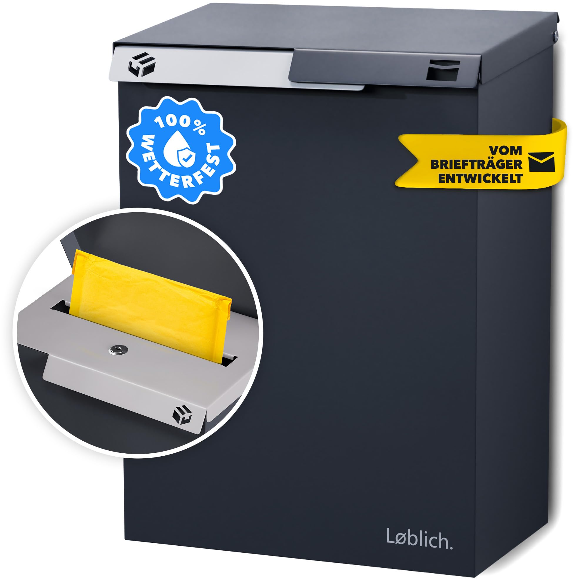 Briefkasten RAL 7016 Anthrazit | Vom Briefträger entwickelter XL-Wandbriefkasten für Päckchen & Post - wetterfest, geräuscharm, abschließbar - Outdoor Stahl-Postkasten modern