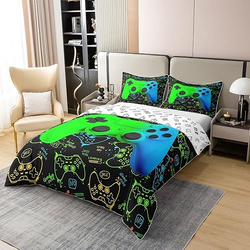 Miniatura 2 de Manfei Juego de ropa de cama 3D con estampado de consola de videojuegos azul y verde, juego de funda de edredón para niños, juego de funda de