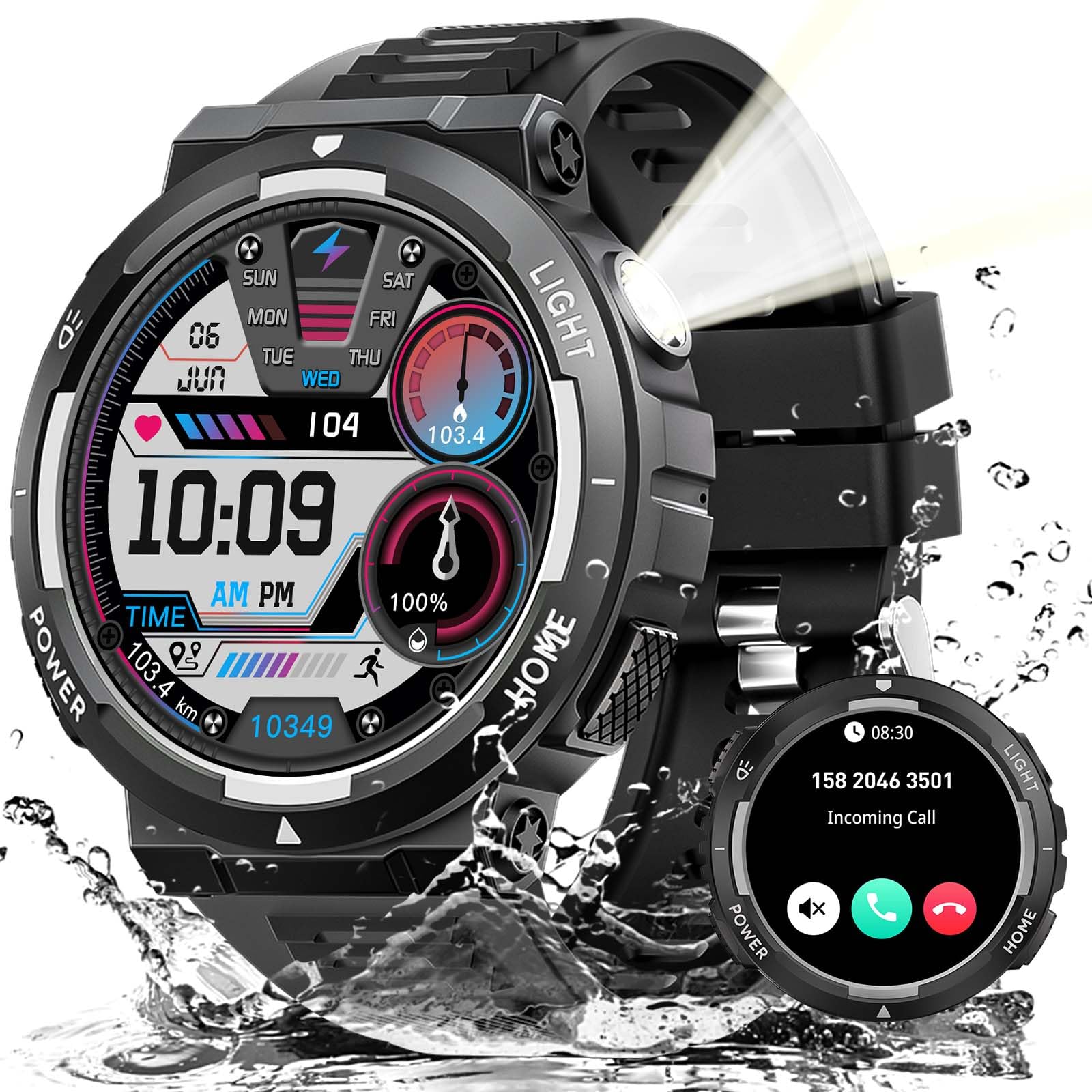 Montre intelligente militaire pour homme (répondre/passer des appels) avec lampe de poche LED étanche 3 ATM avec plus de 100 modes de sport Tracker d'activité 3,9 cm avec moniteur de fréquence