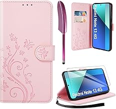 AROYI Cover Compatible with Xiaomi Redmi Note 13 4G (Nicht für 5G) and Tempered Glass, Retro Design Flip Case in Premium PU Leather Wallet Card Slot Magnetic Closure Case Pink