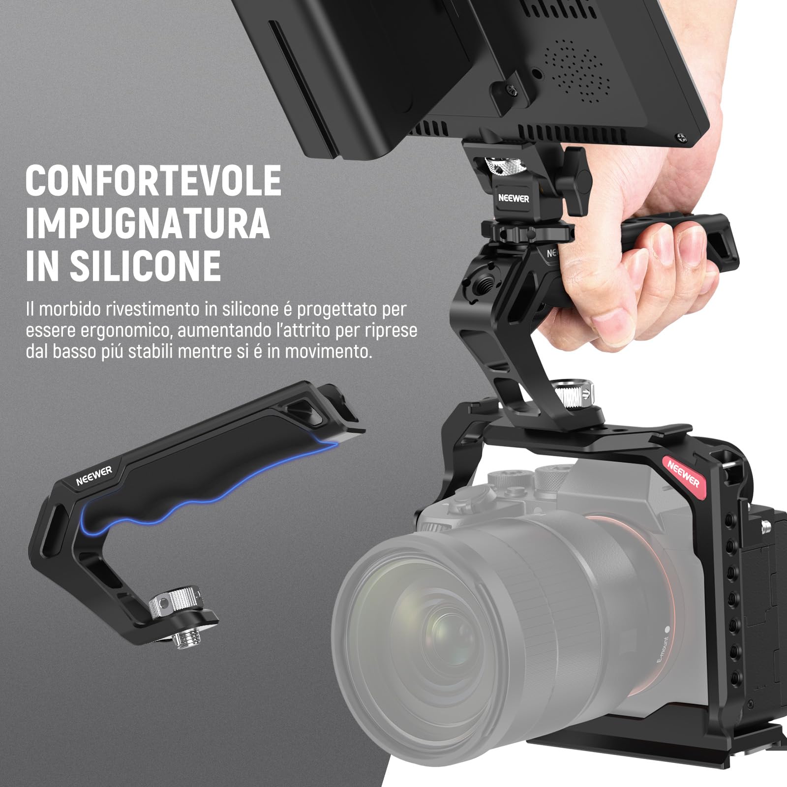 NEEWER Impugnatura superiore per fotocamera con 3/8", comoda impugnatura in silicone con filettatura da 1/4" 3/8", Cold Shoes, panno per la pulizia, compatibile con SmallRig Handles Gabbie video Rigs