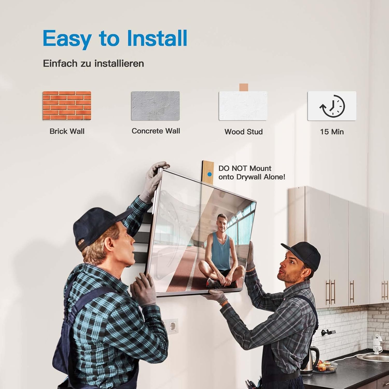 Image showing two people installing a TV mount on a wall, with icons for brick, concrete, and wood stud walls.