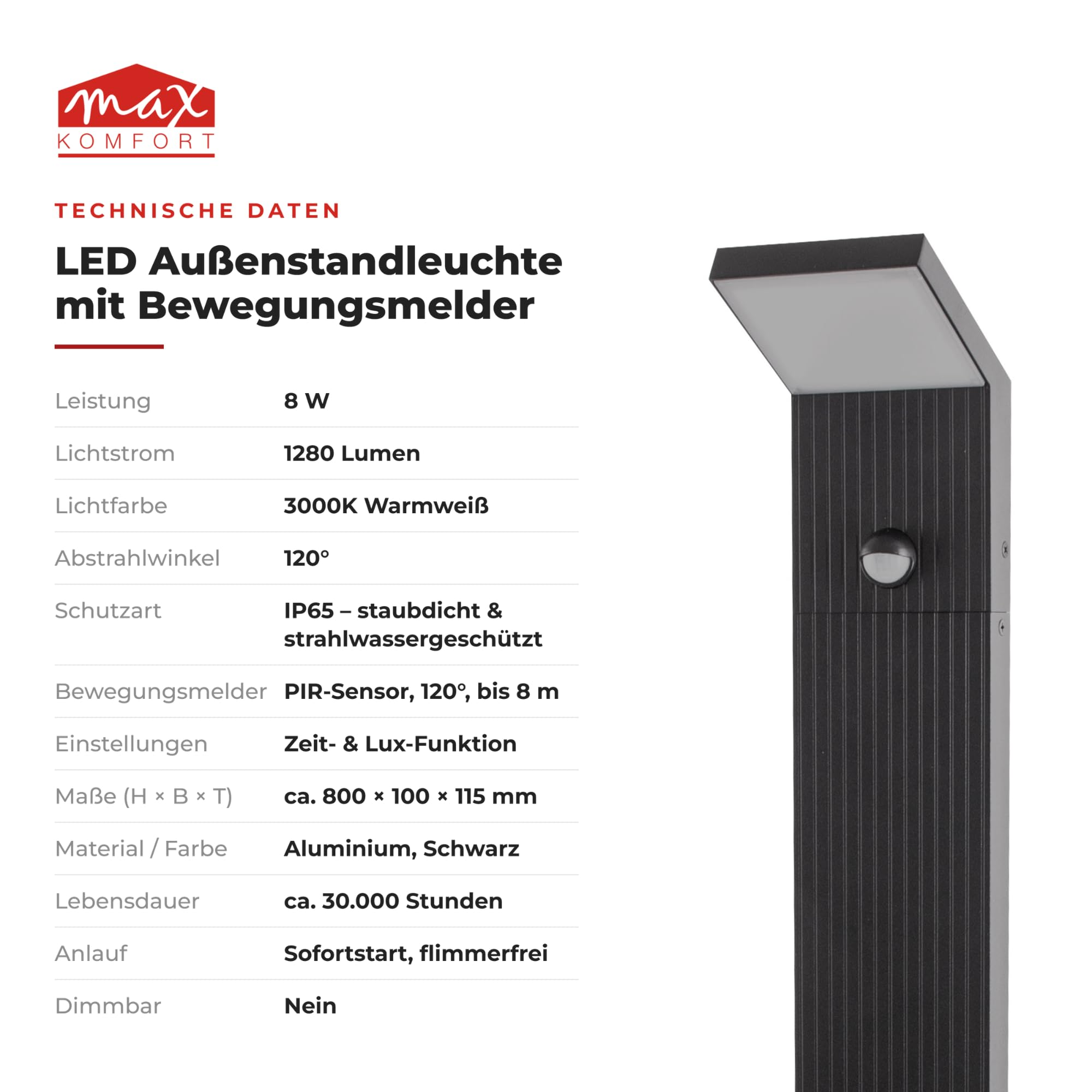 Maxkomfort LED Außenstandleuchte 80 cm Schwarz mit Bewegungsmelder – Premium Wegeleuchte IP65, 8W, 1280lm, 3000K warmweiß, Aluminium, Sensor mit Zeit- & Lux-Einstellung