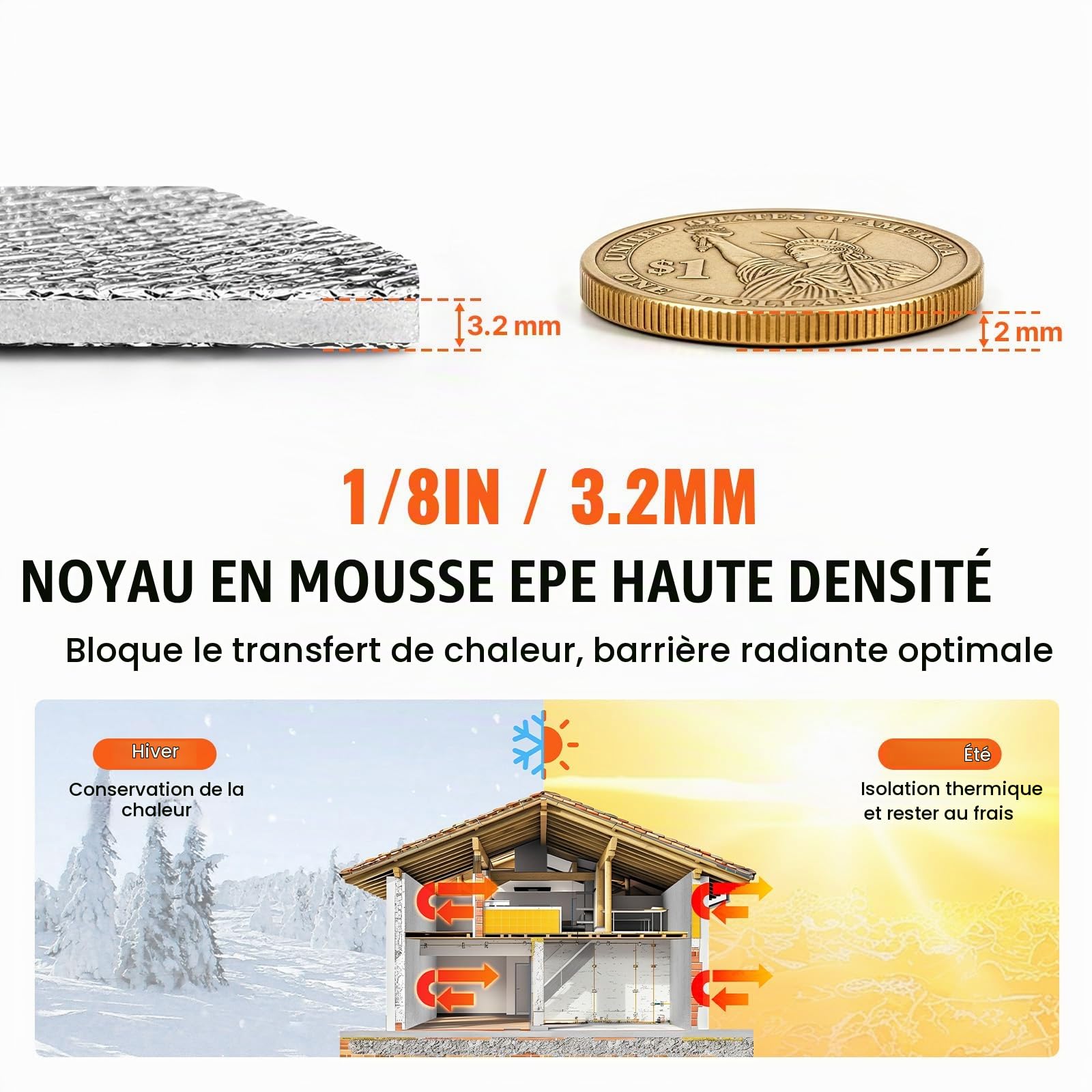 VEVOR Isolant thermique double réfléchissant, 30,48 x 1,22 m, rouleau d'isolation barrière radiante, noyau en mousse EPE, 3,2 mm, feuille d'aluminium double face, pour fenêtre, toit de camping-car
