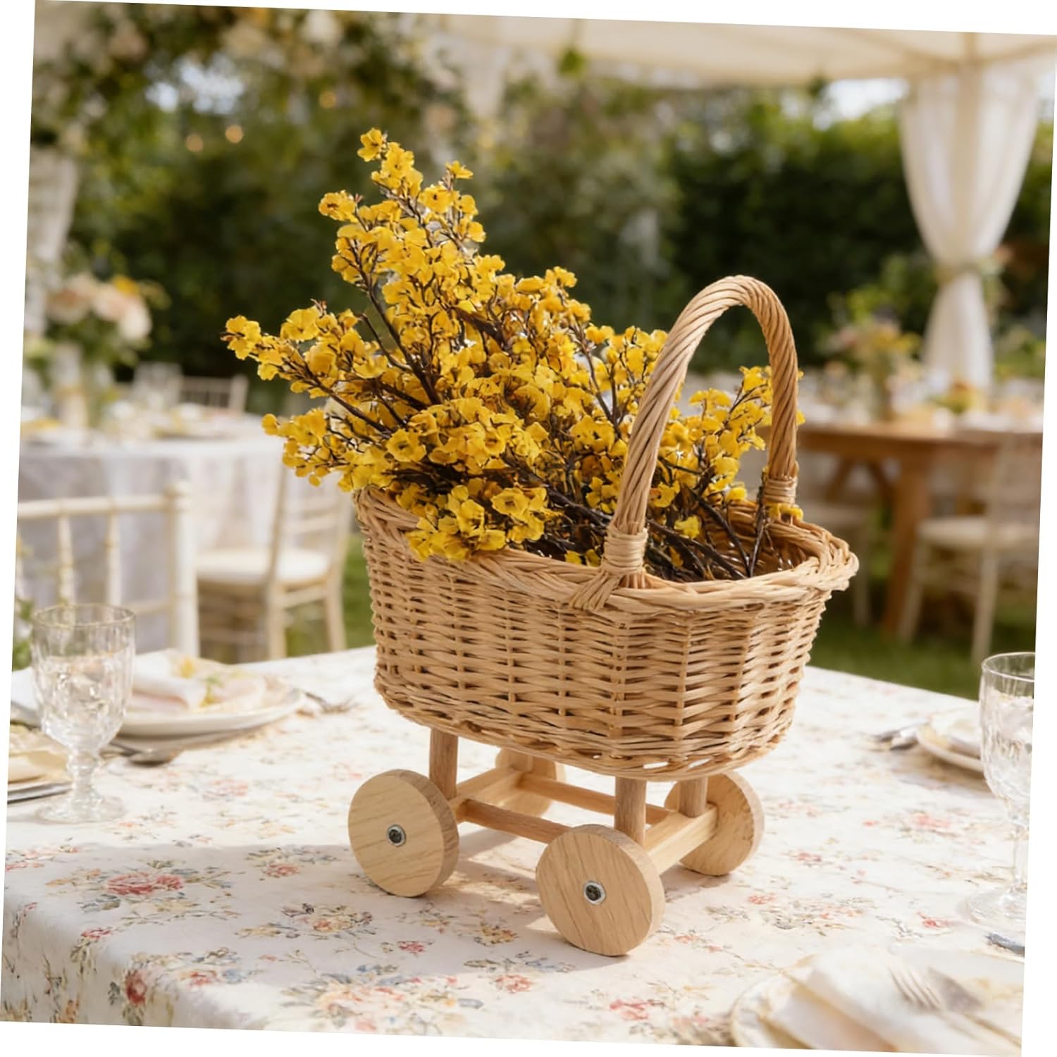 2pcs Natural Rattan Flower Girl Basket Wicker Carriage Candy Display Basket for Wedding Shower Party Decor