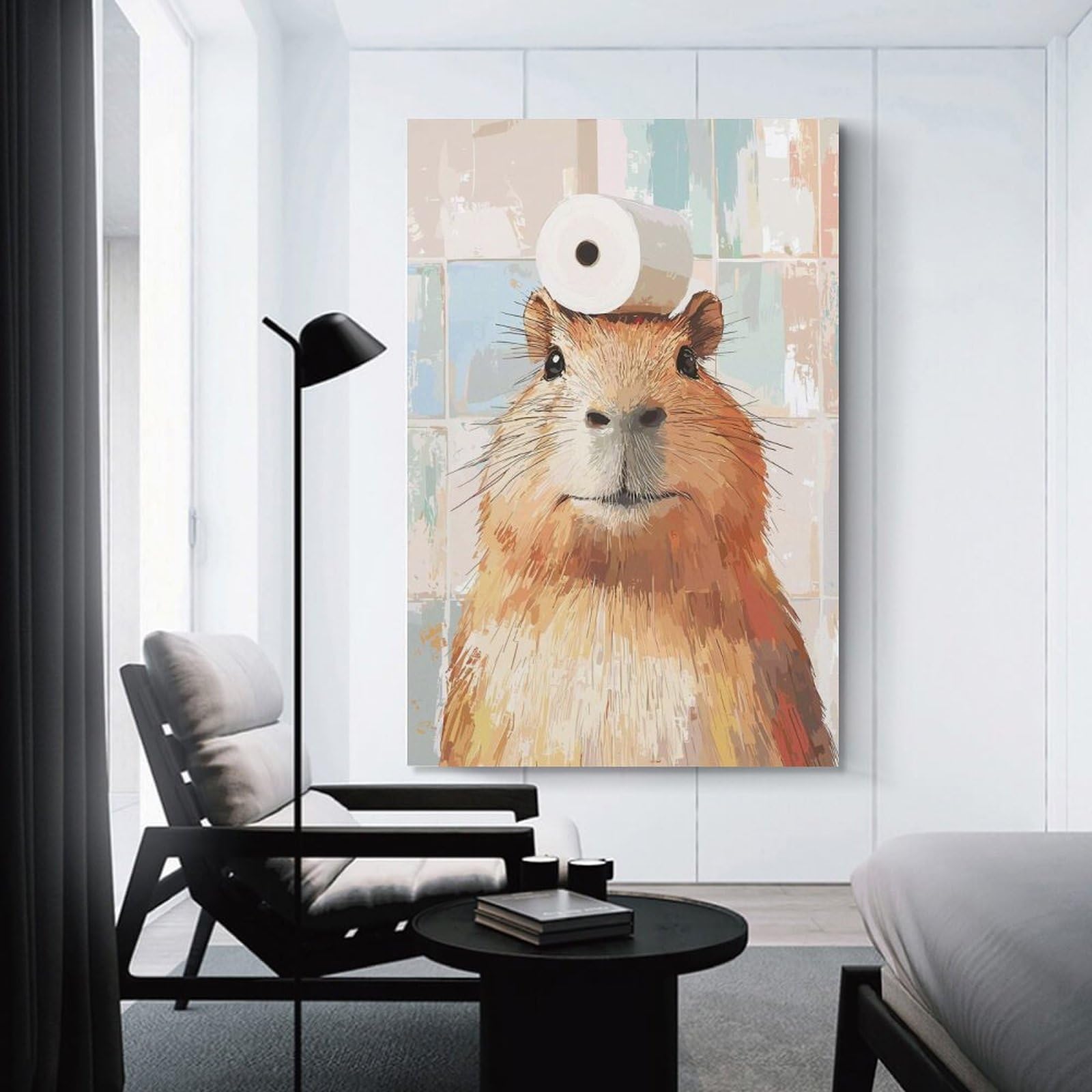 Junmoney Unframe-Style-12-1 Wall Art Print Capybara With Toilet Paper On Head, 08X12inch(20X30cm), For Picture Wall Styling In Lounge Or Bedroom, Wall Decor Suited To Curated Displays
