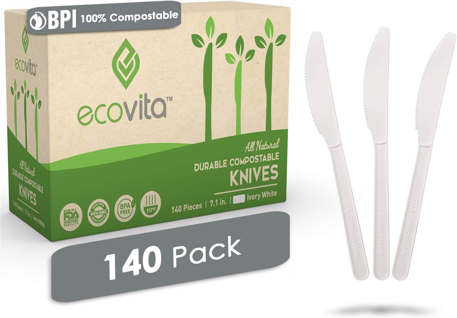 Ecovita100% Compostable Knives - 140 Large Disposable Utensils (7 in.) Eco Friendly Durable and Heat Resistant Alternative to Plastic Knives with Convenient Tray