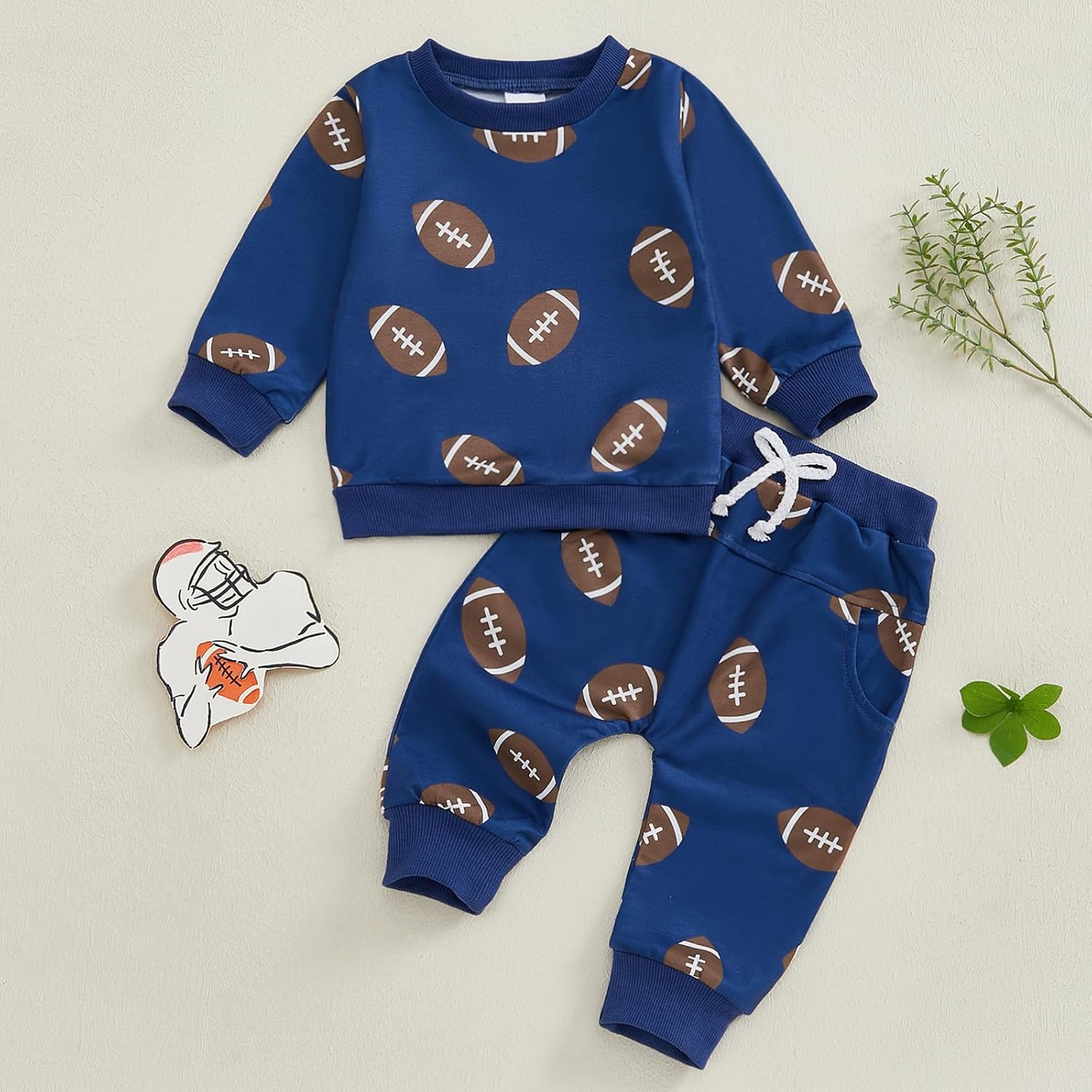 Toddler Baby Boy Girl Football Outfit Rugby Sweatshirt Top Jogger Pants Set 2 Pcs Infant Fall Winter Clothes Blue 0-6 Months image 2 of 6 B0DJ122RST
