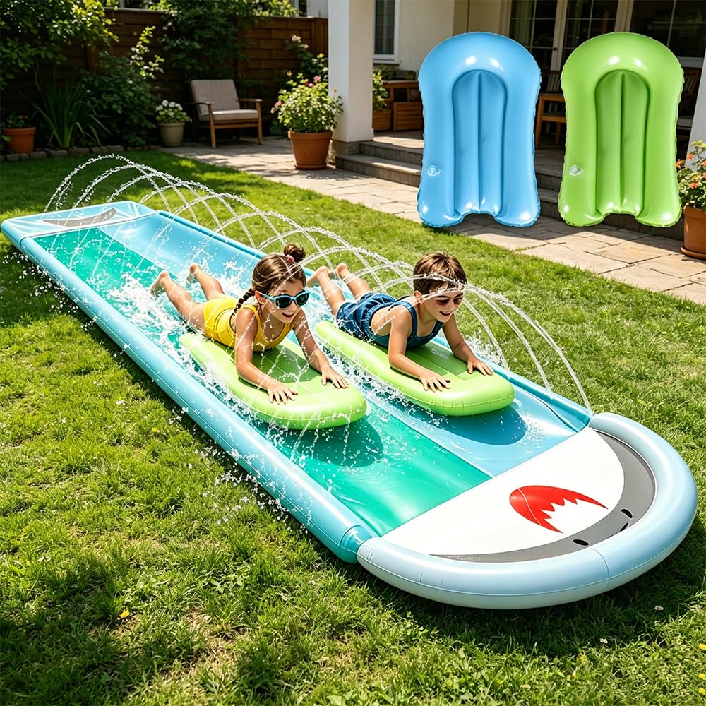 Scivolo Acquatico Giardino, 550 x 145 cm/610 x 140 cm Scivolo d'Acqua con 2 Tavole gonfiabili, Scivolo da Giardino Estivo con irrigatore Integrato, Gioco d'Acqua per Bambini all'aperto (B)