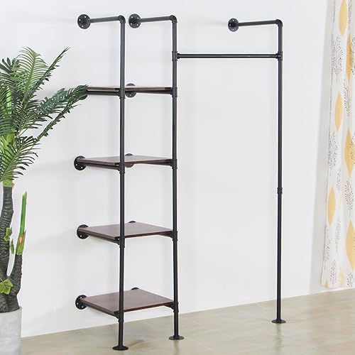 Miniatura 6 de Estante de ropa de tubería industrial con estantes, estante de almacenamiento de armario montado en la pared de 71 pulgadas, estante de exhibición
