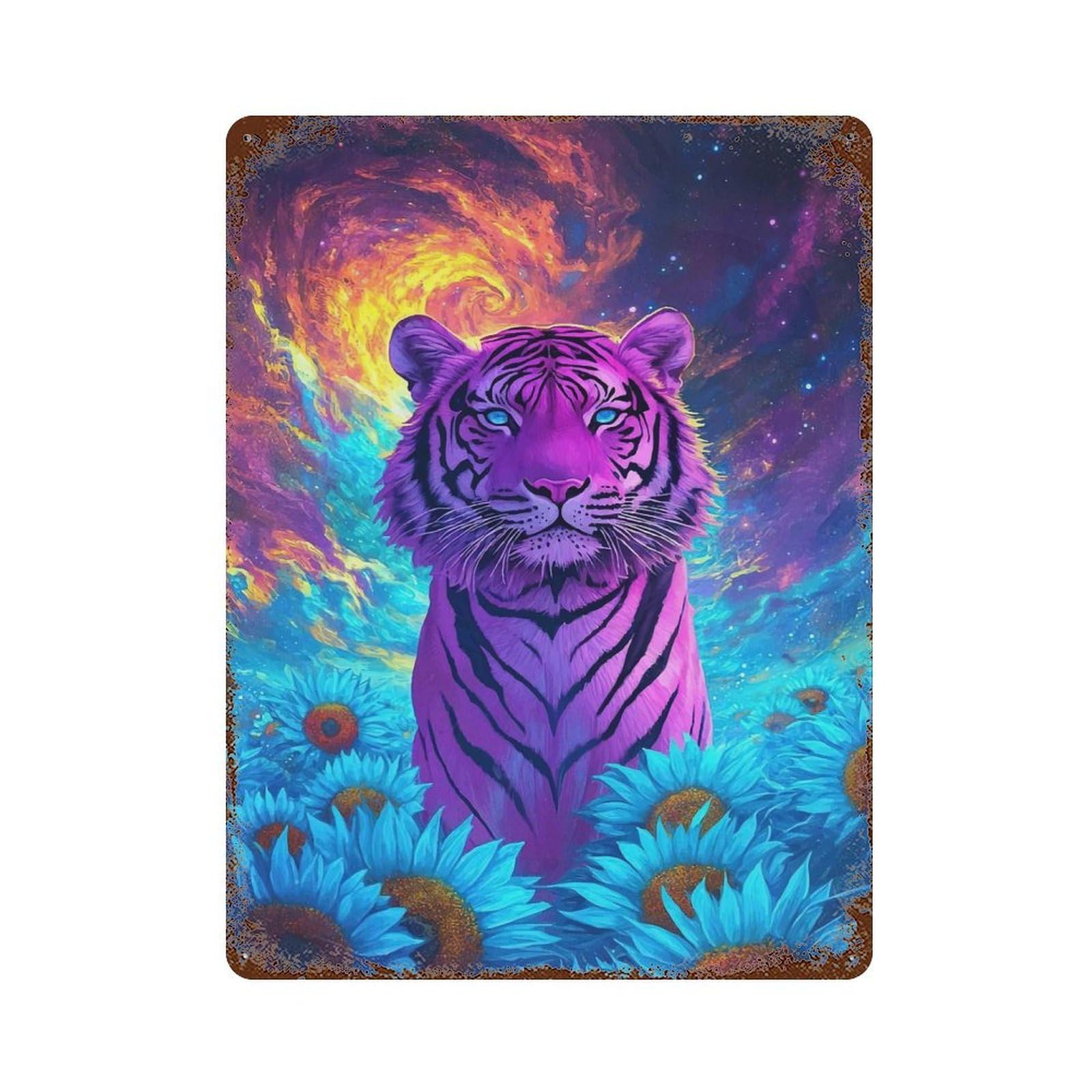Psychedelic Tiger Sunflower Field Vintage Wall Sign 15.7"x11.8", Rust Effect Metal Decor for Basement, Hobby Room And Garage Decor