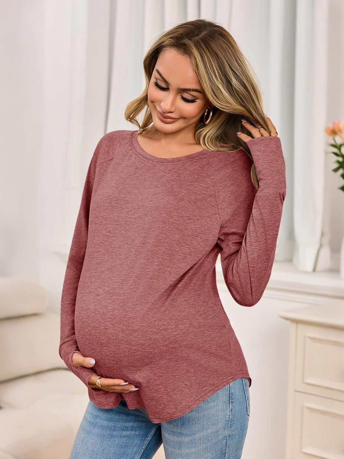Yousify Womens Maternity Shirts Long Sleeve Round Neck Tops Pregnancy Clothes Loose Fit Casual Blouses with Thumb Holes - Image 3