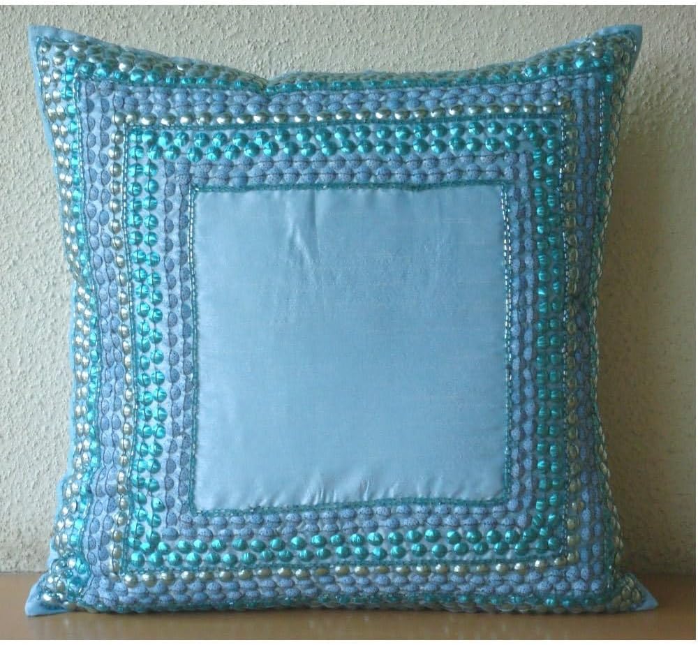 The HomeCentric Pillow Sham, Aqua Blue European Shams 26x26 inch (65x65 cm) Silk Euro Pillow Covers, Bordered, Sequin Embellished, Modern European Sham Covers Easter - Blue Celebrations