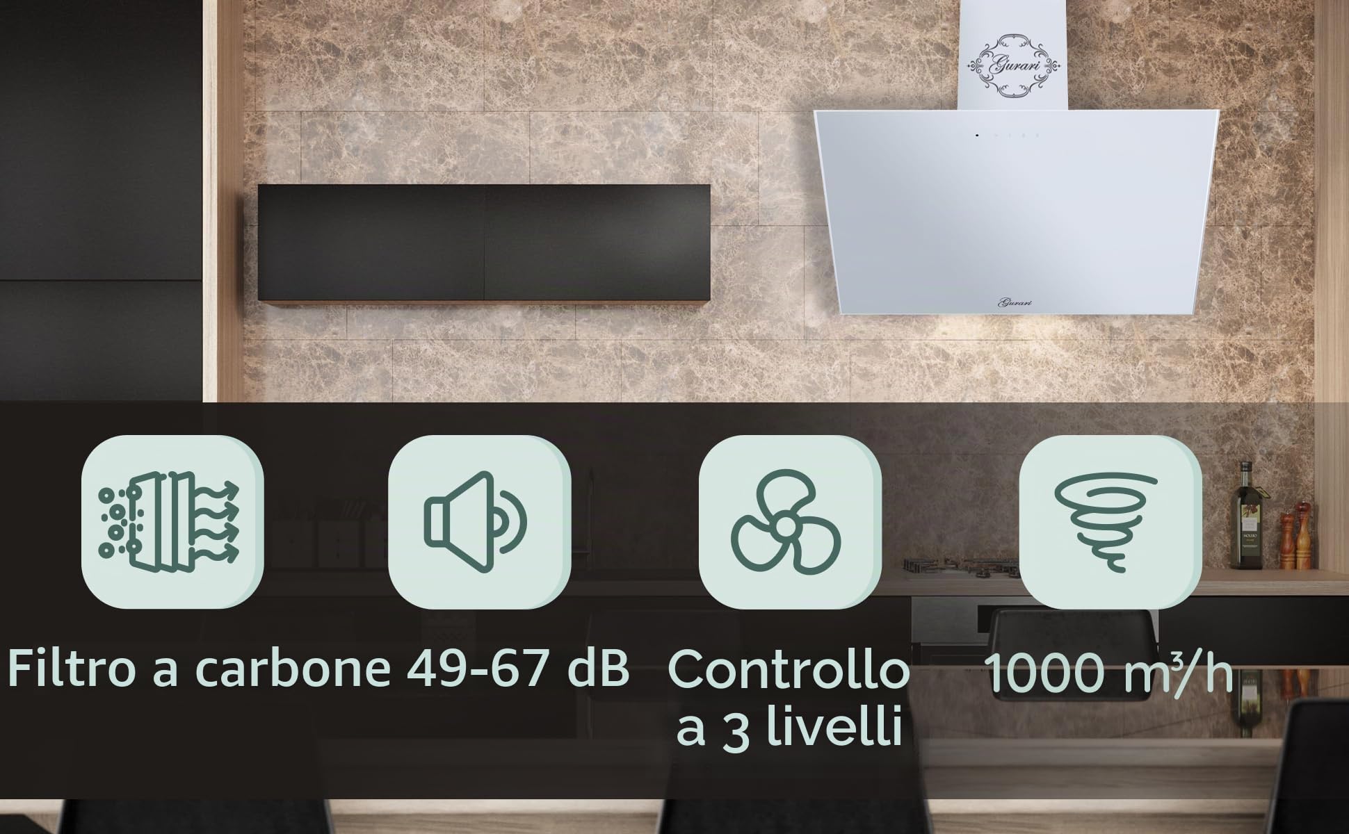 Cappa da parete 80 cm GURARI 286 WH 8 Pr/cappa aspirante vetro bianco/cappa inclinata 1000 m³/h con telecomando/Classe A /