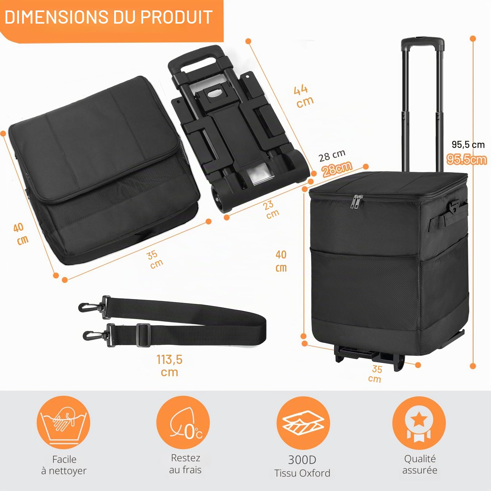 ZHJINGYU Sac Isotherme Grand avec 2 Roues Pliable Glacière Souple Isotherme Sac Pique Nique pour Courses 40L | Chariot de Courses 3en1 Chariot à Sac