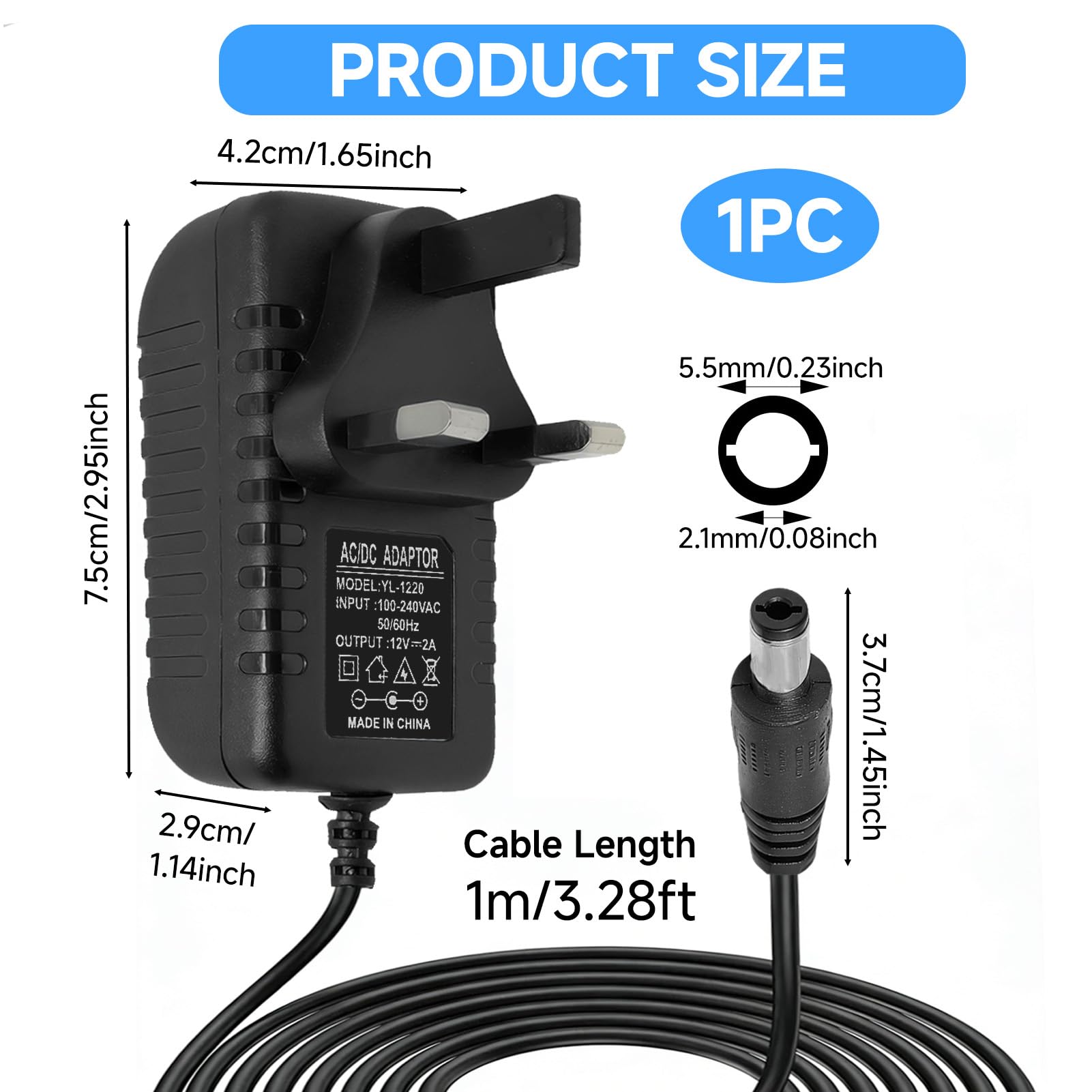 12V 2A Power Supply AC Adapter with 8 DC Plug Tips, Universal AC to DC Converter for LED Strip Lights, CCTV Camera, Router, TV Box and Other 12V Devices, 24W Max Output — view 2