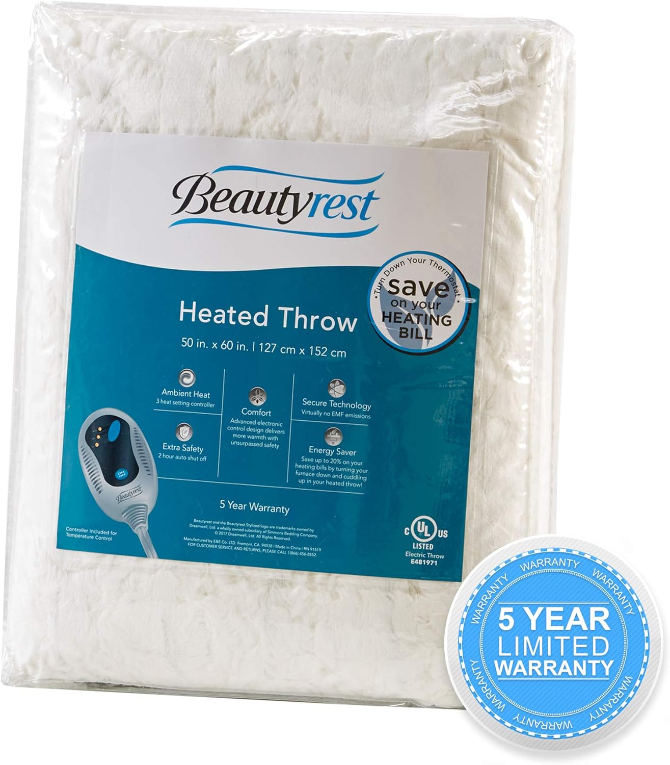 Bеѕt Dеаl Prоduсt Beautyrest Brushed Long Fur Electric Throw Blanket Ogee Pattern Warm and Soft Heated Wrap with Auto Shutoff, 50 in x 60 in, Ivory