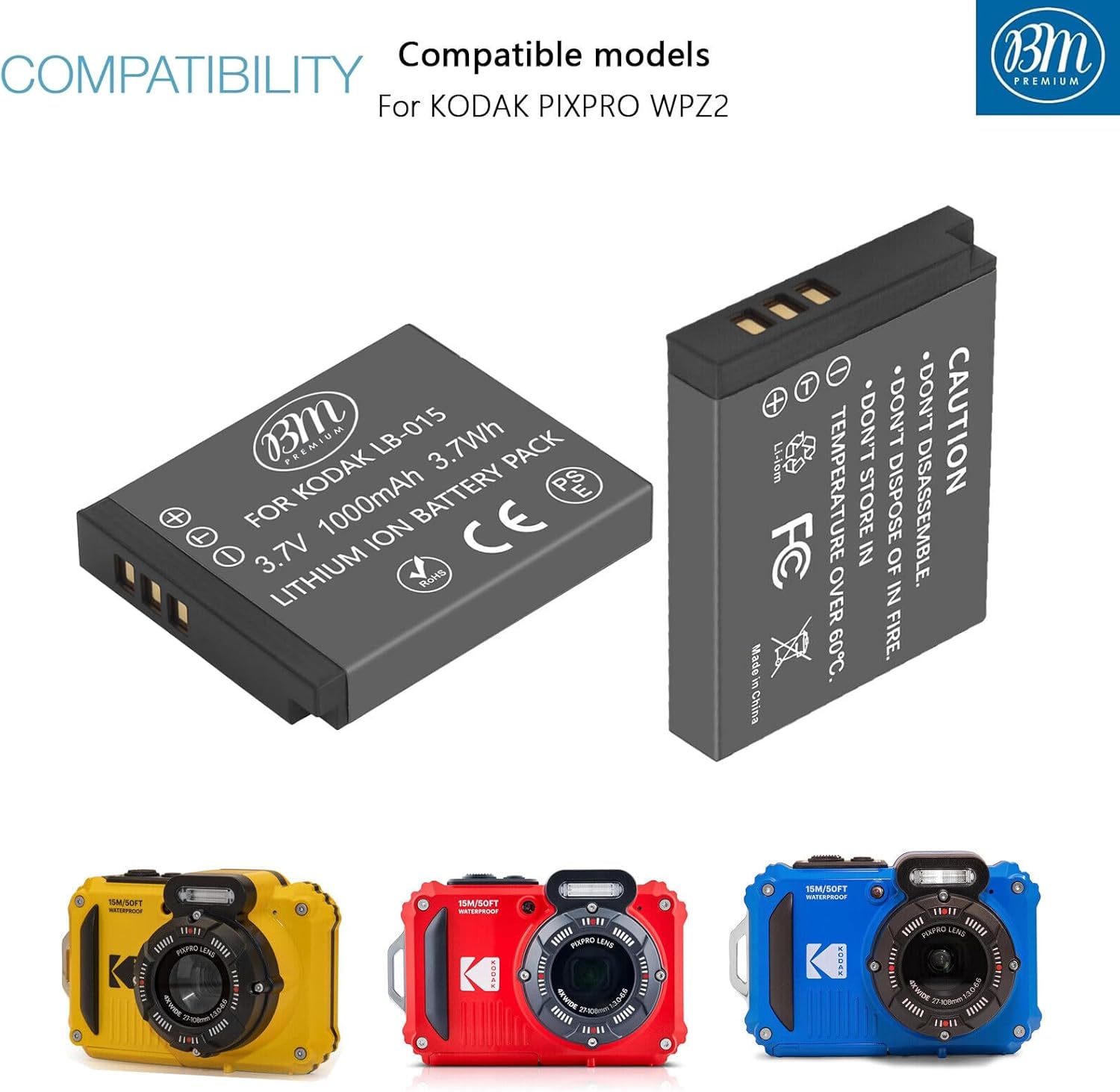 BM Premium 2 Pack of LB-015 Batteries and Battery Charger for Kodak PIXPRO WPZ2 Digital Camera