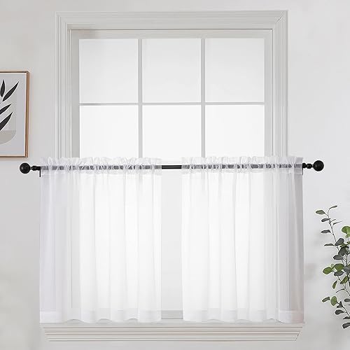 OWENIE Cortinas traslĂşcidas blancas cortas de 24 pulgadas de largo, juego de 2 paneles para ventana de cocina, cortinas traslĂşcidas con bolsillo OWENIE Cortinas traslĂşcidas blancas cortas de 24 pulgadas de largo, juego de 2 paneles para ventana de cocina, cortinas traslĂşcidas con bolsillo