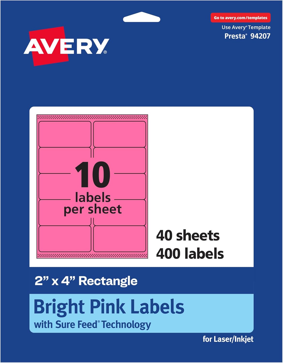 Avery Printable Rectangle Labels, Sure Feed Technology, 2" x 4", Bright Pink Labels, Laser/Inkjet Printable, 400 Total, Great for Mailing and Candles
