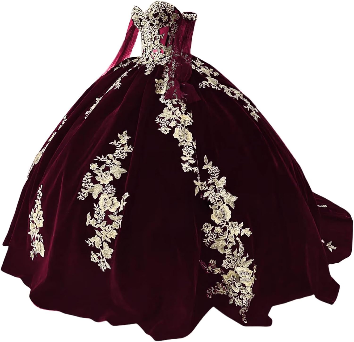 XYAYE Sparkly Velvet Quinceanera Dresses with Sleeves Gold Applique Strapless Lace Sweet 16 Dresses Puffy Beaded Ball Gown