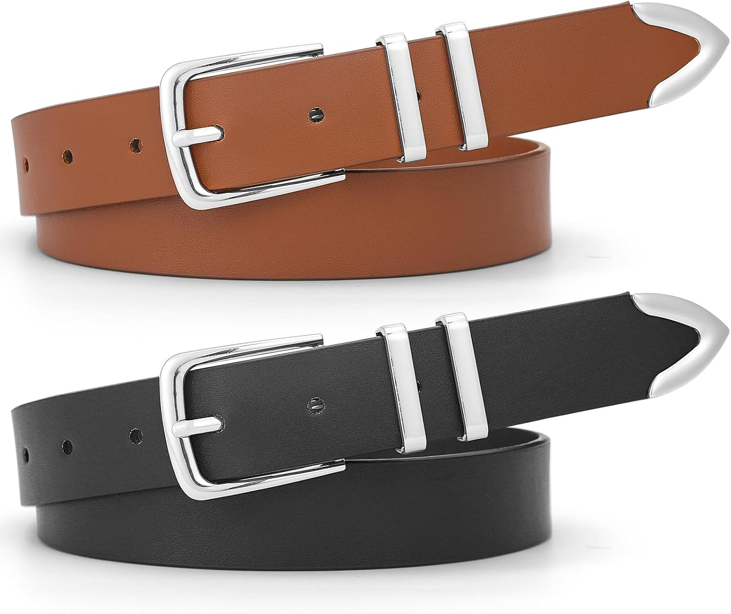 2 Pack Women’s Leather Belts for Jeans Dresses Business Casual Outfits Black Leather Belt for Women with Gold Buckle