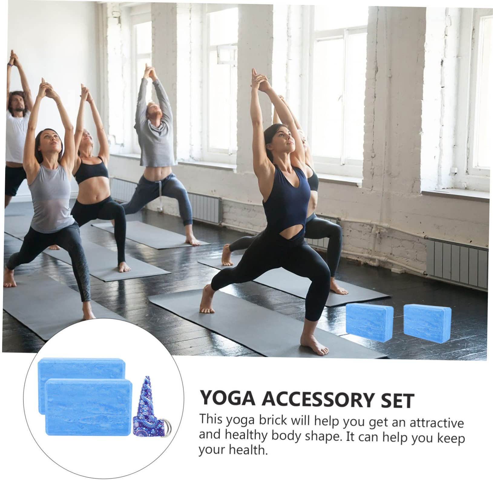 Blocco Yoga in Eva, Set da 3 Pezzi Blu Mimetico per Allenamento | Cintura da Stretching Inclusa, Supporto per Esercizi e Danza, Accessorio per Pratica Yoga