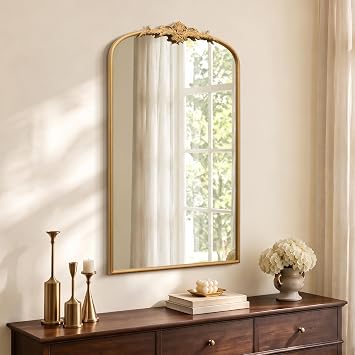 Besdomus Vintage Large Wall Mirror 24"x42" French Arch Gold Vanity Mirrors | Antique Metal Framed Decorative - Baroque Traditional Ornate for Hallway/Bathroom/Fireplace - Ideal for Bathroom Renovations