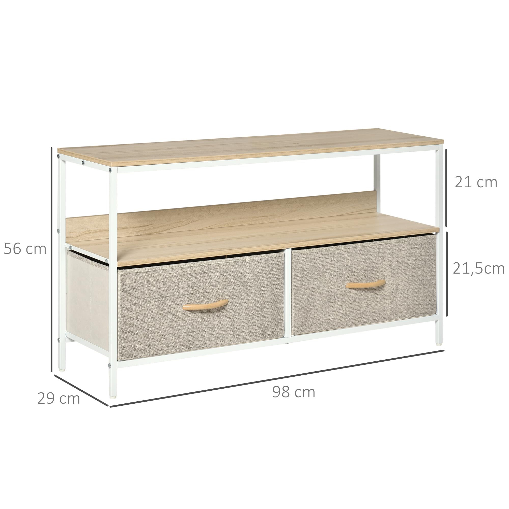 HOMCOM Meuble TV Bas sur Pieds Support TV pour télévison jusqu'à 47 Pouces Style Industriel 2 tiroirs en Tissu Gris Bois Naturel et métal Blanc