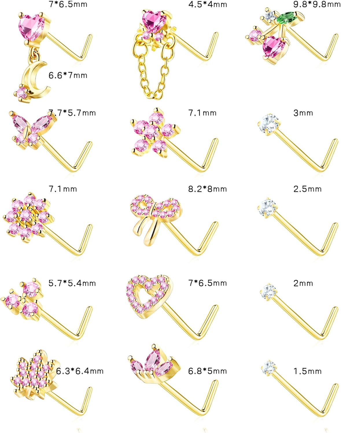 Nose Rings L Shaped for Women Nose Piercings 20G Surgical Stainless Steel Gold Plated Nose Studs Pink Red CZ Heart Butterfly Flower Cherry Bow Moon Dangle Nose Piercing Jewelry - Image 6