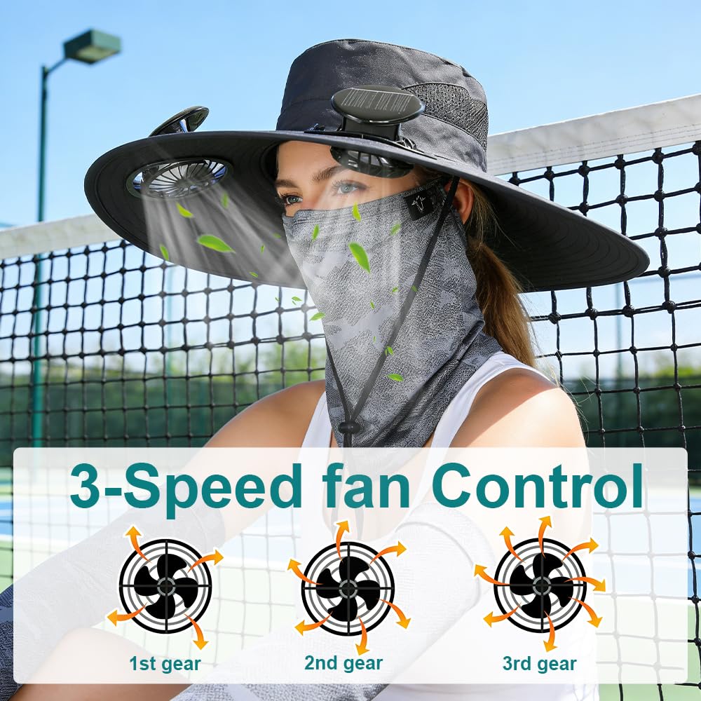 Cappello da sole a tesa larga con ventilatore integrato, 3 velocità del vento regolabili, ricarica solare e USB, con ventola, per escursionismo, campeggio, pesca, alpinismo, protezione UV estiva