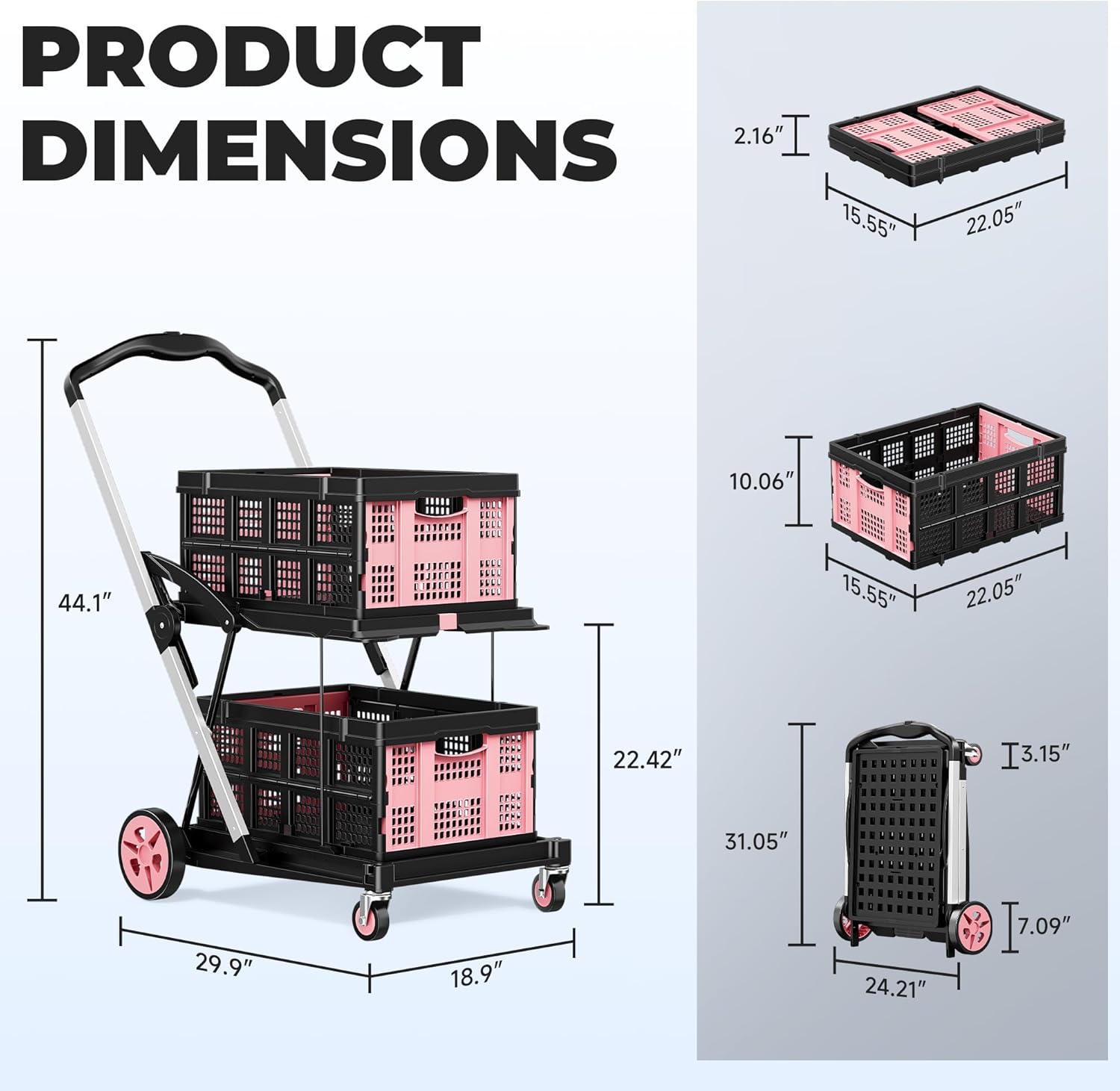 SILVEL Collapsible Shopping Cart with Wheels, 8-in-1 200LBS Capacity Grocery Cart on Wheels with 2 Storage Crate, Folding Utility Cart for Shopping, Travel, Supermarket, Office, Pink