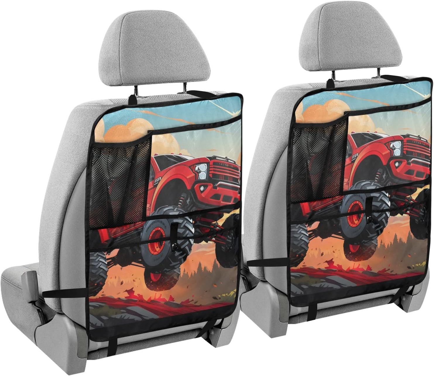 Car Seat Back Organizer Red Monster Truck Print, Backseat Protector with Pockets for Tablet Bottle Tissue Book, Auto Kick Mats 25x18 IN 2 Pack