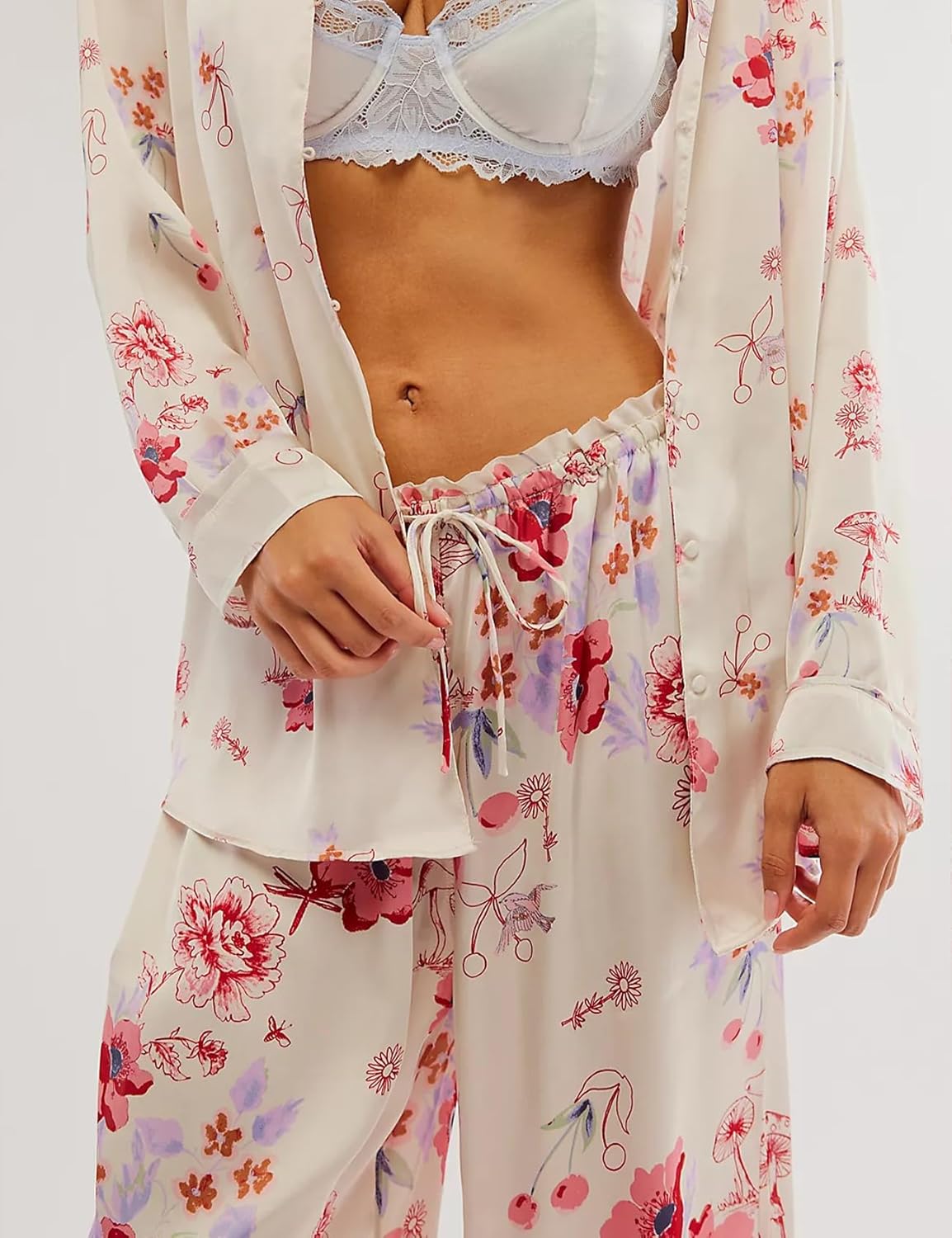 Yimoon Womens Satin Pajama Set Floral Silk Pajamas 2 Piece Cute Long Sleeve Button Down Pjs Sleepwear Lounge Set - Image 4