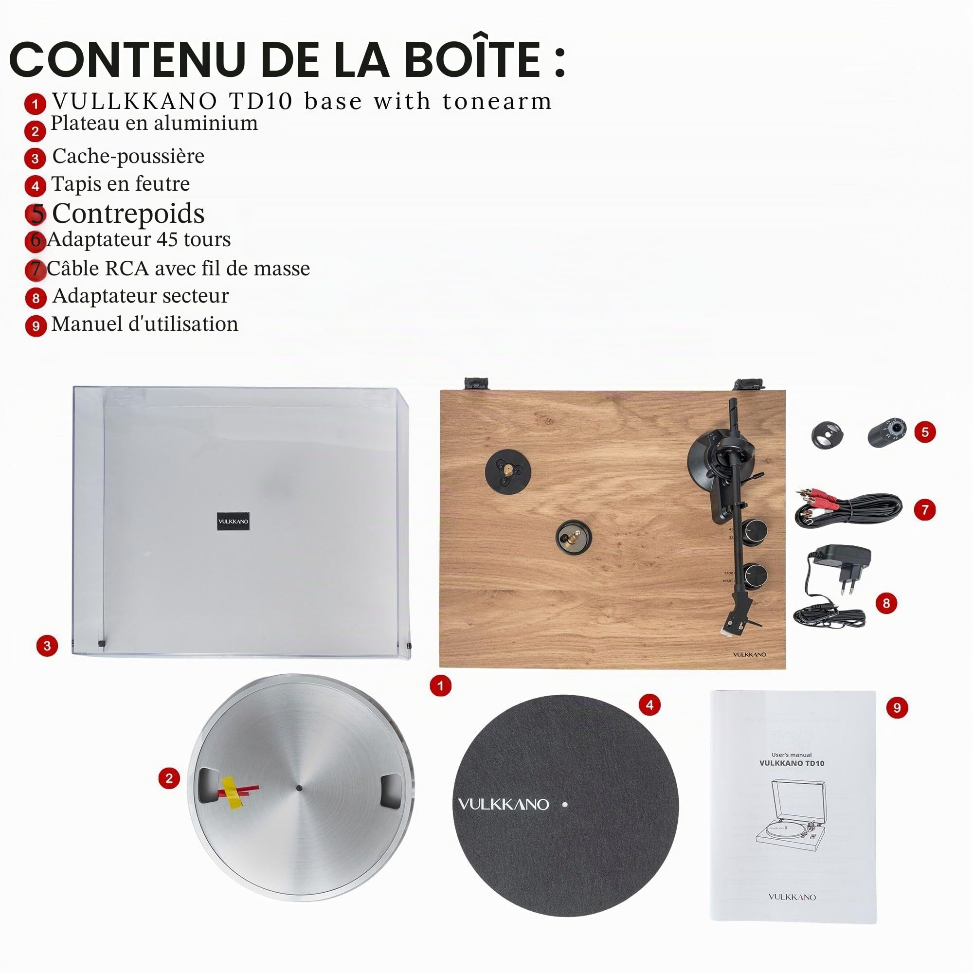 VULKKANO TD10 Platine Vinyle avec Bras de Précision, Égaliseur Phono/Ligne Intégré et Design Élégant, Tourne-Disque Compatible avec Les Vinyles 33 et 45 RPM