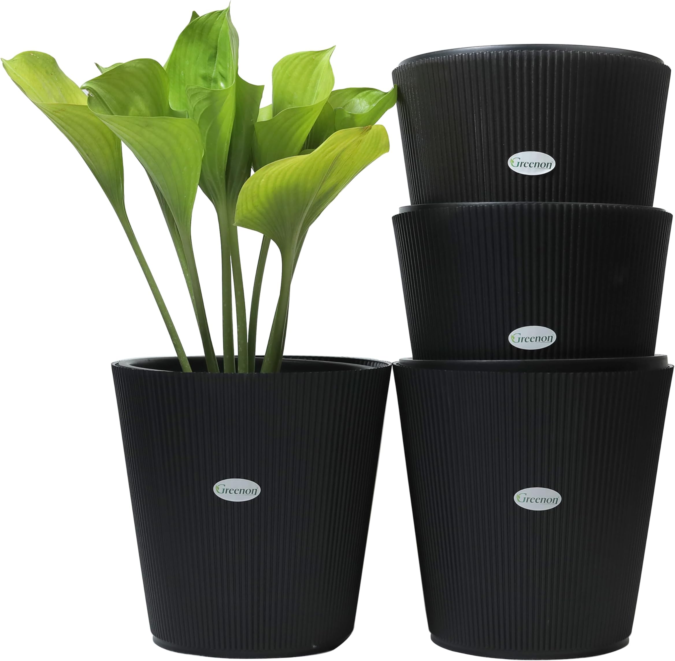 GREENONยฎ Set of 4 (8 Pieces) 10 Inch Self Watering Plant Pots | Black Outer & Black Inner Flower Pots | UnFadable Plastic | Premium Indoor & Balcony Planters | Low Maintenance Gamla