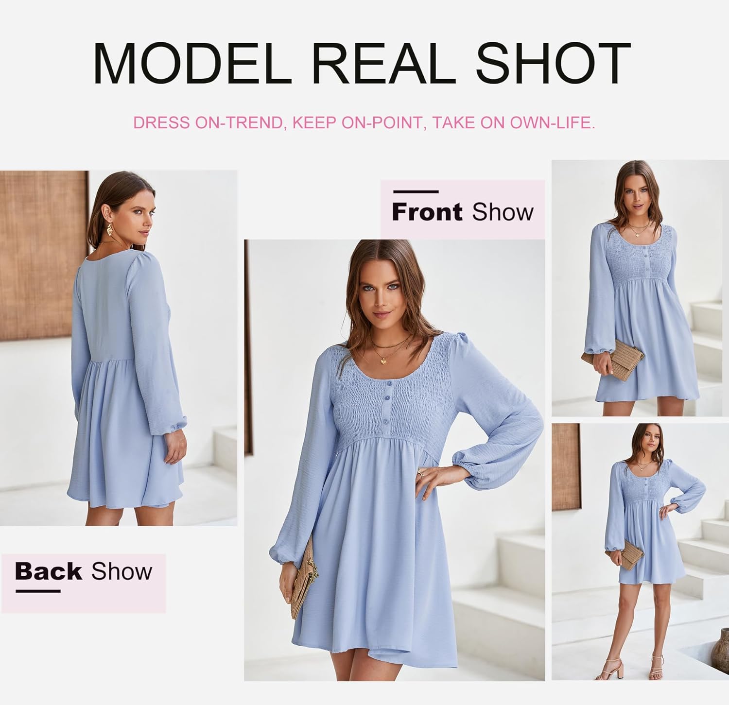 Dokotoo Womens 2026 Casual Dresses Smocked Crewneck Button Up Long Sleeve Empire Waist A-Line Mini Dress - Image 5