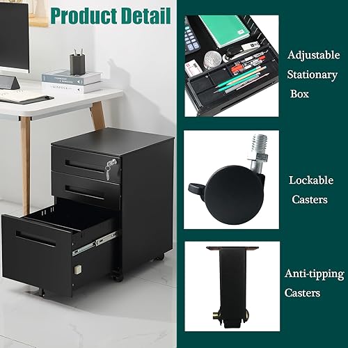 Miniatura 6 de Archivador móvil de 3 cajones, diseño antiinclinación, archivador vertical con cerradura debajo del escritorio, se adapta a tamaño cartalegalA4 para