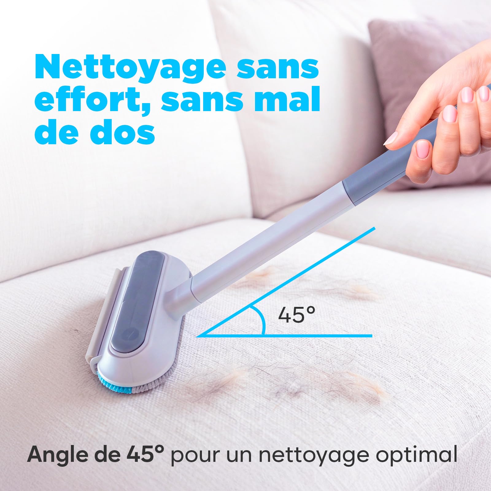 Brosse a Poils Animaux, Ramasse-Poils Réutilisable pour Canapé, Tapis & Textiles, Manche Amovible, Brosse de Détail Intégrée, Facile à Nettoyer