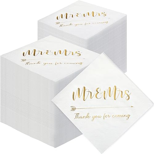 400 servilletas de boda de papel de aluminio dorado de 3 capas Mr Mrs Servilletas de cóctel de boda para recepción, compromiso, despedida de
