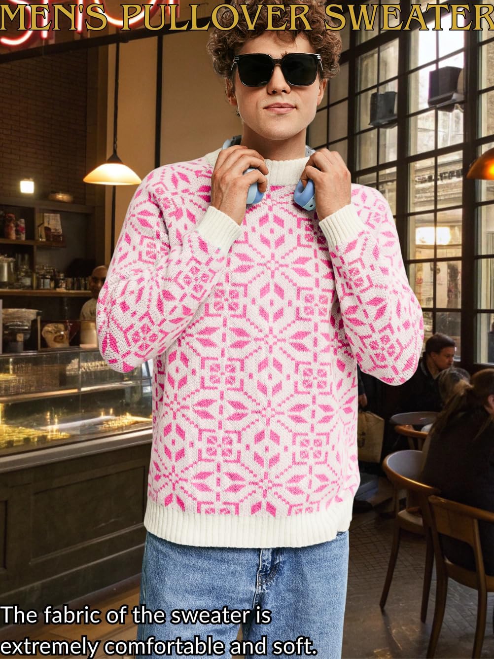 ChiaoLezhee Men's Nordic Snowflake Chunky Sweater, Mock Neck Knit Pullover for Winter & Holiday Season