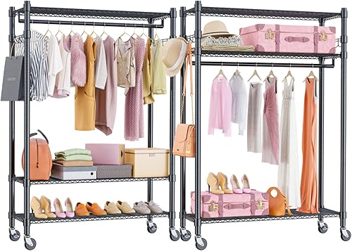 Homdox Perchero de ropa con ruedas de grado comercial, estante de almacenamiento de ropa de 2 niveles con estantes de alambre ajustables, armarios